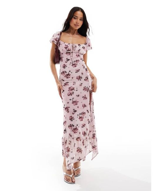 Bershka Red Milkmaid Floral Maxi Dress