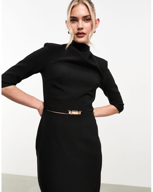 ASOS Black High Neck Cut Out Waist Midi Dress With Trim Detail