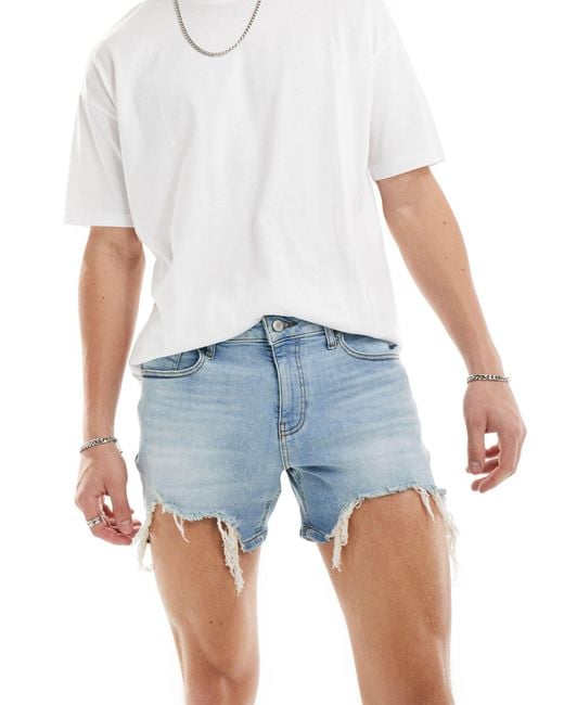 ASOS Blue Short Length Skinny Denim Shorts With Heavy Ripped Hem for men
