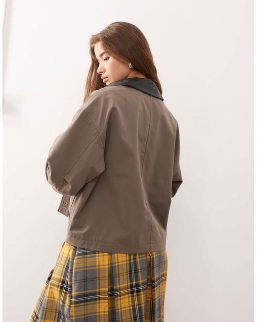Noisy May Brown Barn Jacket With Faux Leather Collar Detail