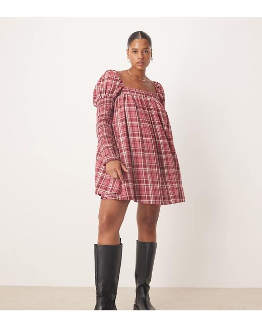ASOS Asos Design Curve Square Neck Mixed Shirred Babydoll Mini Dress