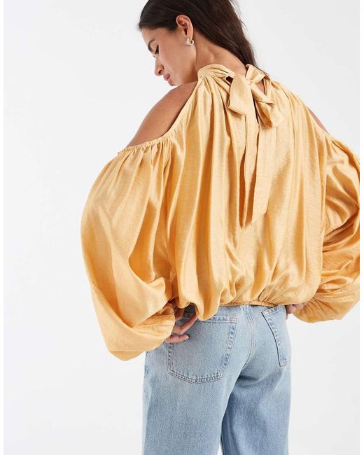 ASOS Natural Halterneck Cold Shoulder Volume Blouse