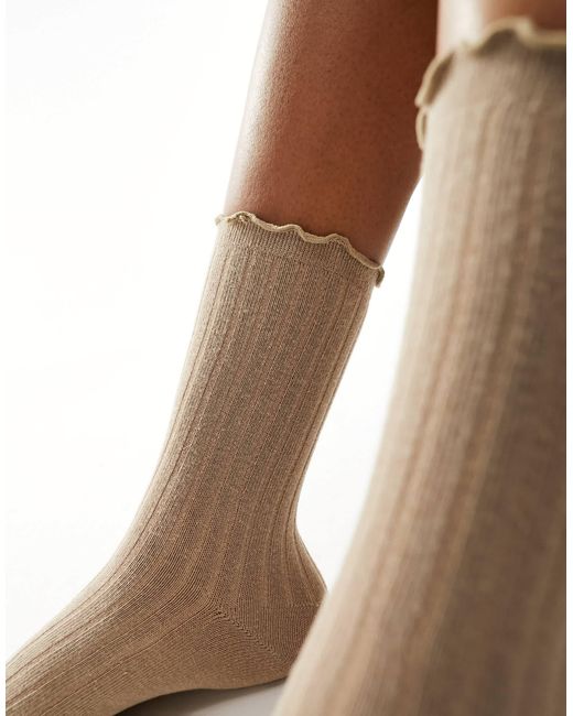 Vero Moda Brown Ribbed Frill Socks