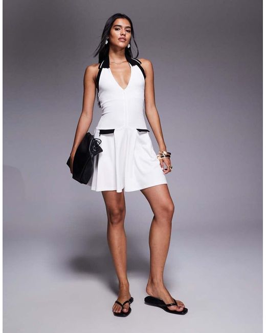 River Island Gray Contrast Collared Halterneck Tennis Dress