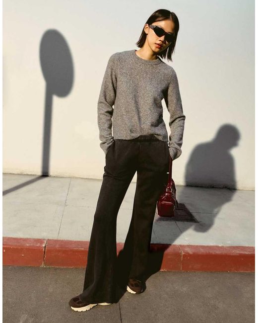 Bershka Gray Plush Flare Trousers With Frayed Hems