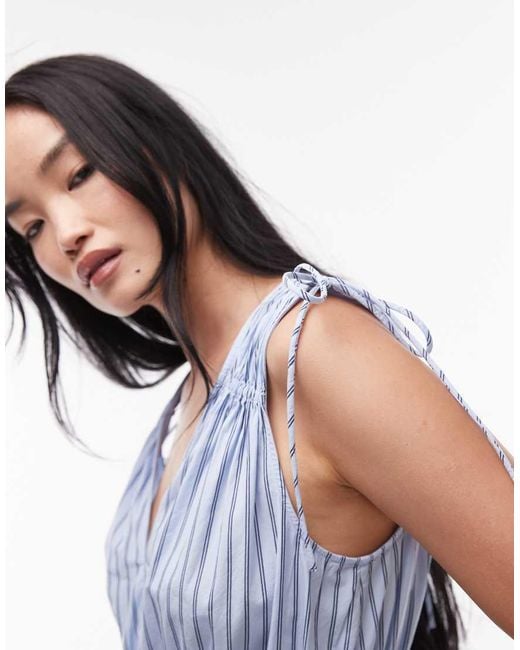 & Other Stories Blue Midaxi Dress With Ruche Tie Shoulder Detail