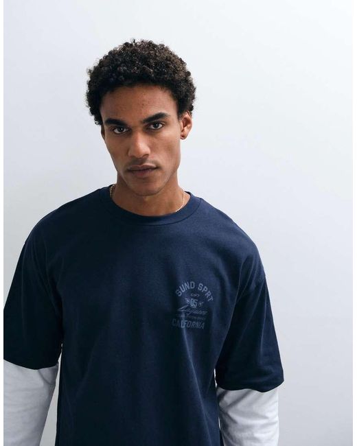 ASOS Blue Boxy Oversized Double Sleeve T-Shirt With Chest Graphic for men