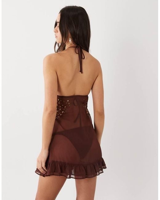 Miss Selfridge Brown Beach Chiffon Halterneck Mini Dress With Embellishment
