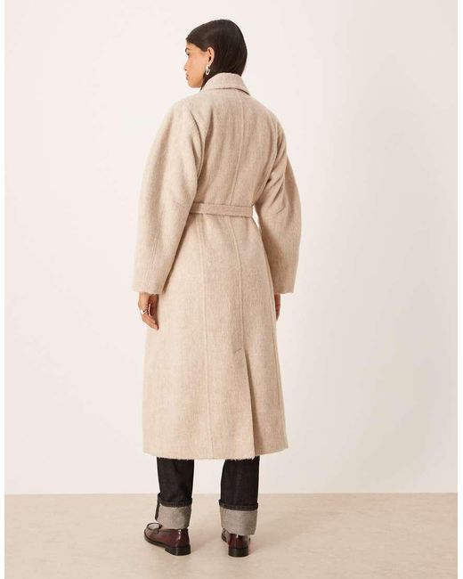 ASOS Natural Brushed Coat With Dome Sleeve And Skinny Belt