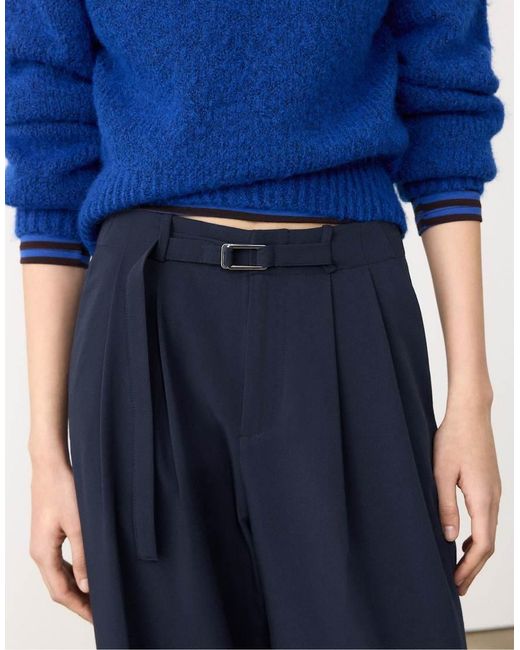Stradivarius Blue Smart Wide-Leg Trousers With Buckle Detail