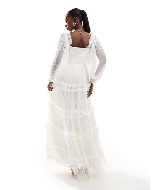 LACE & BEADS White Long Sleeve Ruffle Maxi Dress