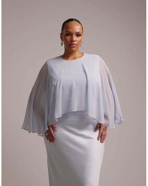 ASOS Gray Asos Design Curve Bridesmaids Sheer Chiffon Cape Overlay Satin Dress With Bias Cut