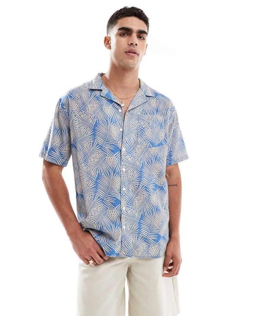 Sol Beach Blue Palm Print Linen Beach Shirt for men