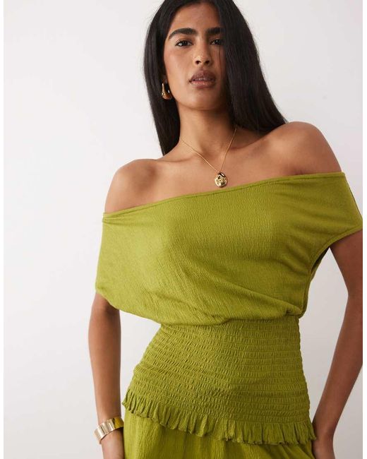ASOS Green Mix & Match Crinkle Shirred Off Shoulder Top