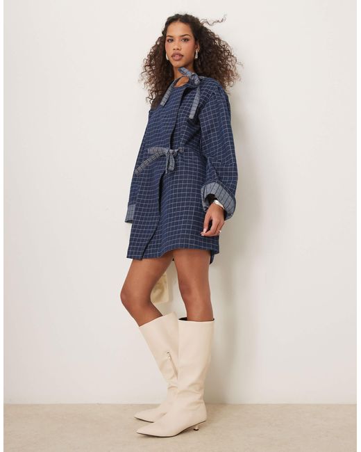Ghospell Blue – kariertes mini-jeanskleid