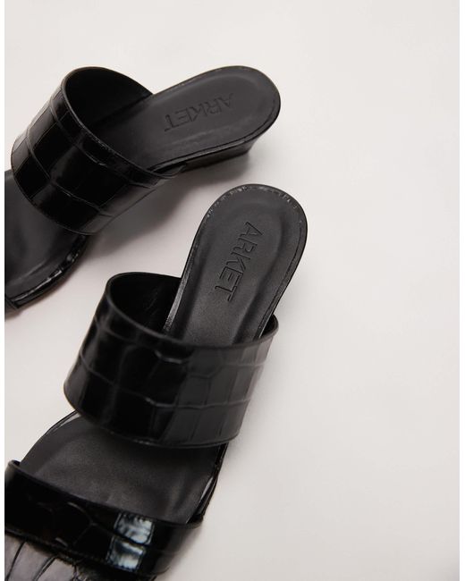 ARKET Black Real Leather Croc Wedge Sandal