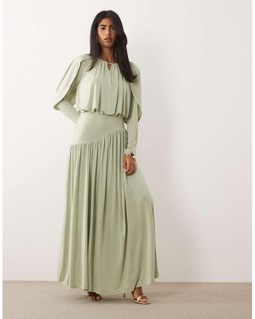 DASKA Green Ruched Drop Asymmetric Waist With Keyhole Maxi Dress