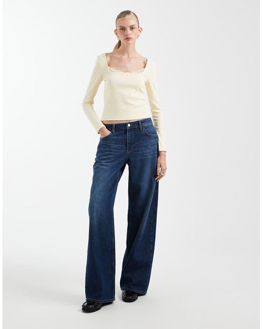 Miss Selfridge Blue Long Sleeve Rib Top With Lace Detail