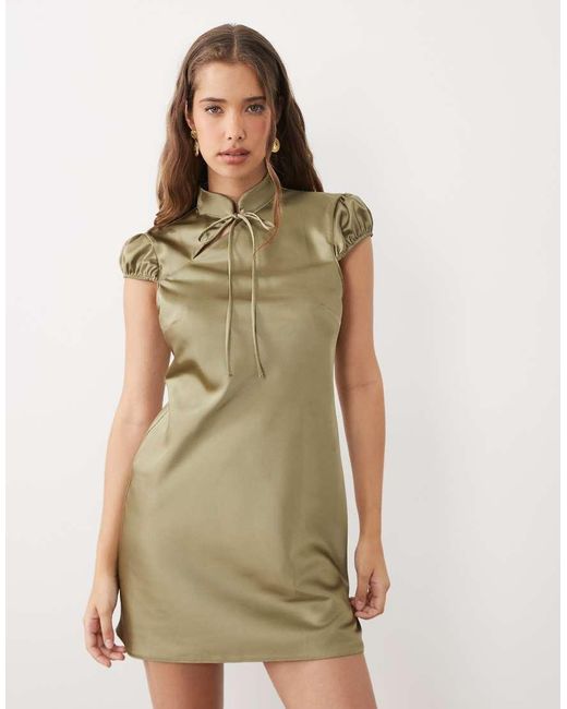 Miss Selfridge Natural Satin Tie Neck Mini Dress