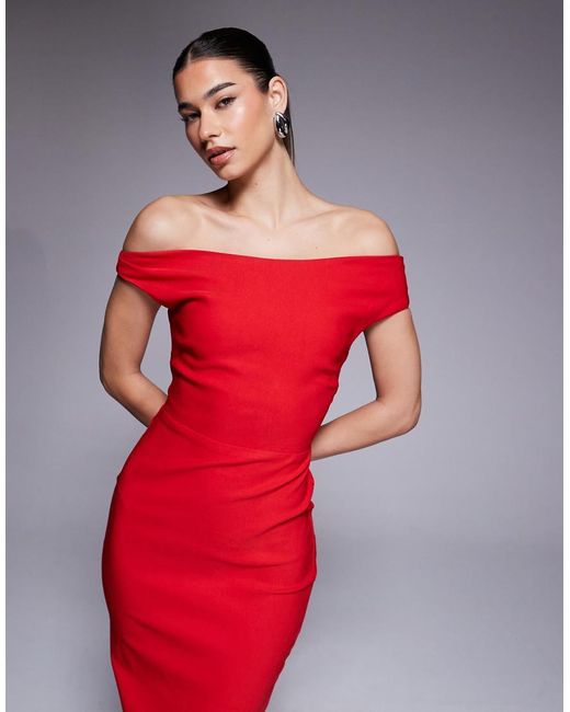 Vesper Red Bengaline Off-shoulder Maxi Dress