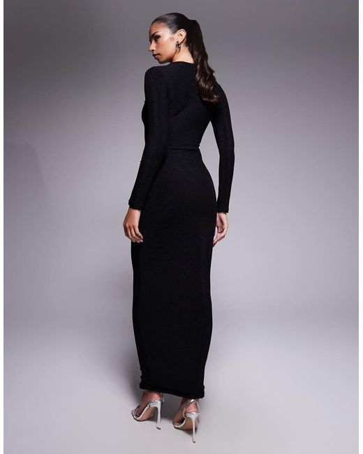 Murci Black Exclusive Slash Neck Crossover Front Cut Out Drape Detail Maxi Dress