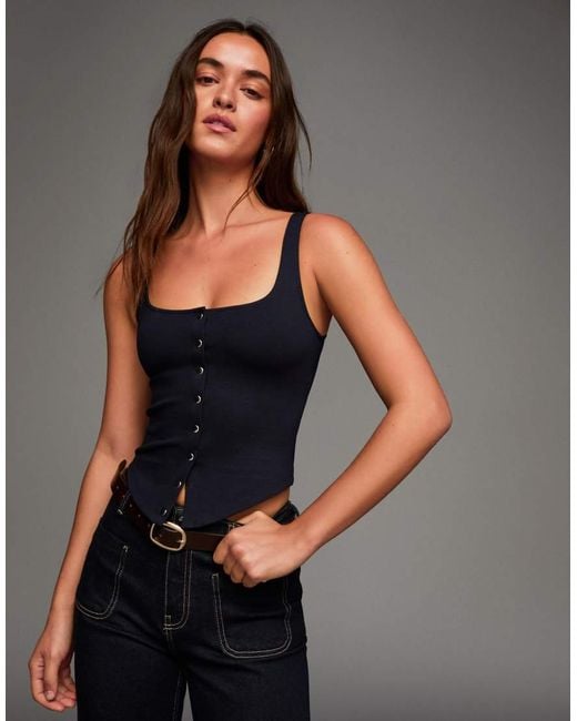 Bershka Gray Top With Square Neckline And Hook-and-eyes Fastening