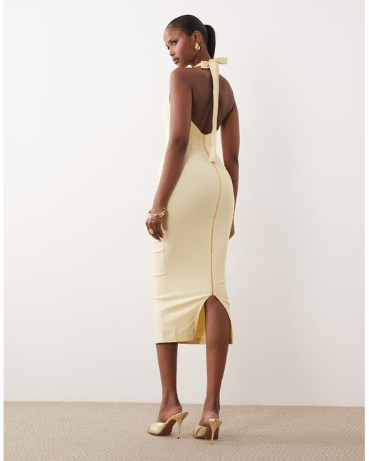 Vesper Natural Bengaline Scoop Halterneck Tie Detail Midi Dress