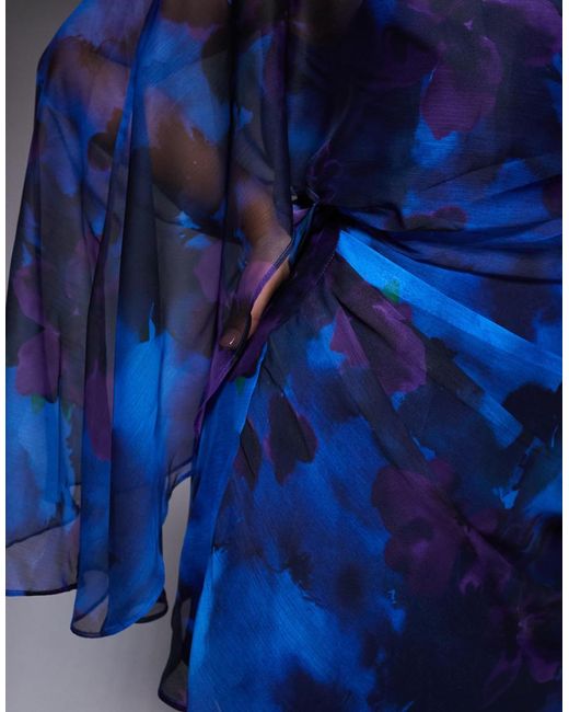 ASOS Blue Asos Design Curve High Neck Drape Front Extreme Cape Sleeve Mini Dress