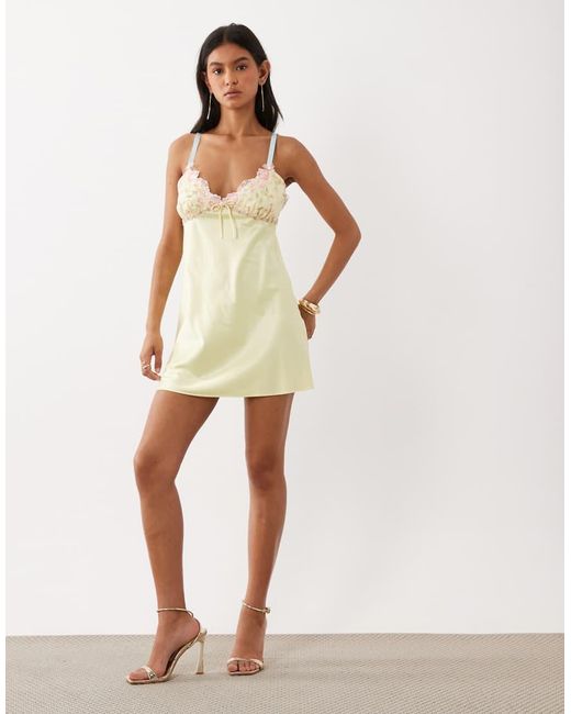 For Love & Lemons Natural Twilight V-Neck Floral Lace Detail Slip Mini Dress