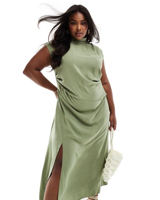Asos design curve - robe mi-longue en lin à col montant et mancherons - kaki ASOS en coloris Green