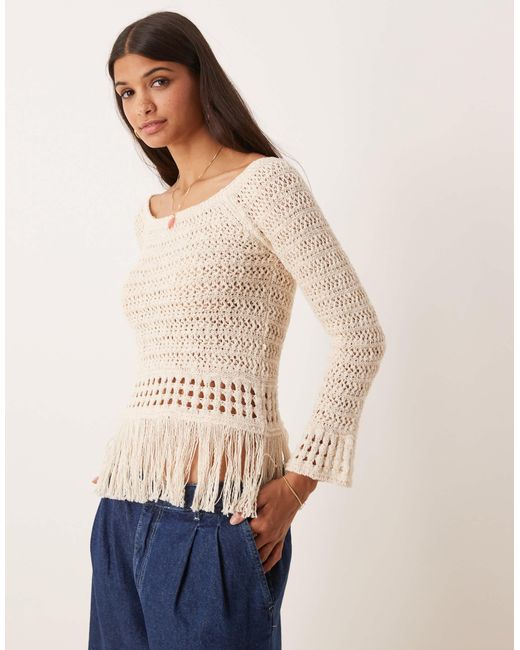 ASOS Natural Crochet Look Off Shoulder Jumper With Fringe Hem