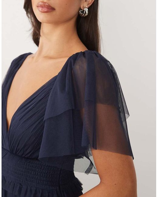 LACE & BEADS Blue Bridesmaid Shirred Waist V Neck Mesh Flutter Sleeve Maxi Dress