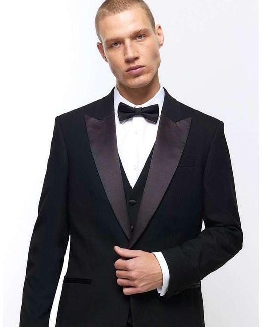 River Island Blue Slim Fit Tuxedo Jacket for men