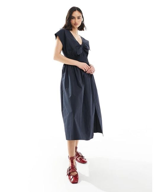 French Connection Blue Barletta Cotton Poplin Tie Midi Dress
