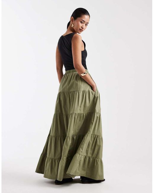 Threadbare Green Poplin Tiered Maxi Skirt