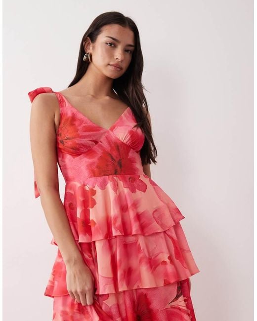 Pretty Lavish Red Fiore Tie Shoulder Ruffle Detail Midi Dress