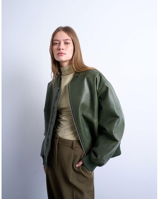 TOPSHOP Green – kragenlose oversize-bomberjacke aus kunstleder mit vintage-waschung