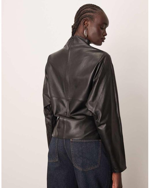 ARRANGE Brown High Neck Leather Curved Top
