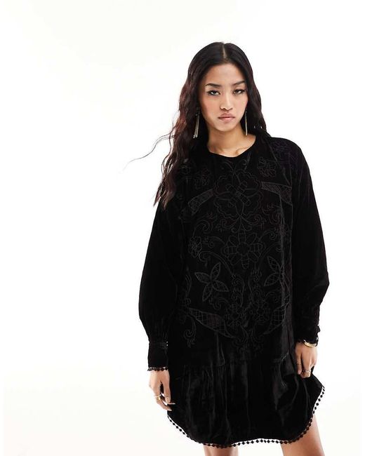 River Island Black Velvet Embroidered Mini Smock Dress