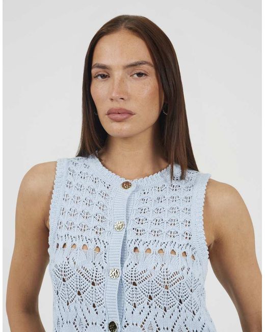 Brave Soul Blue Pointelle Knit Waistcoat With Frill Hem