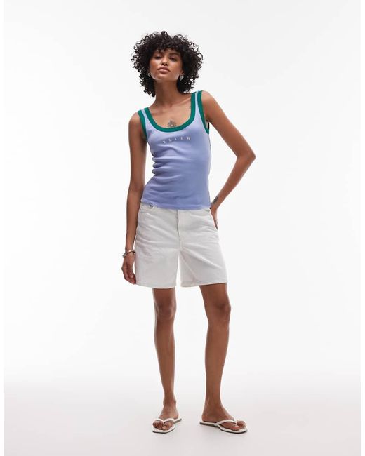 TOPSHOP Blue Embroidered Tulum Contrast Rib Vest