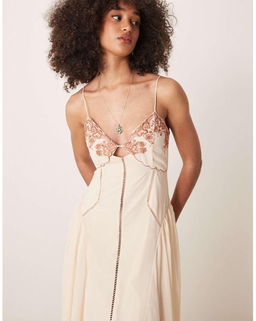 ASOS Natural Contrast Embroidered Cami Midi Dress With Ladder Trim Details