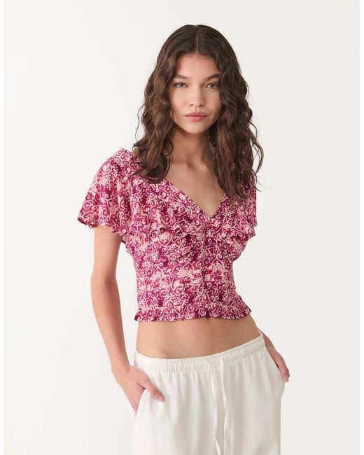 Stradivarius Pink Ruffle Detail Short Sleeve Blouse