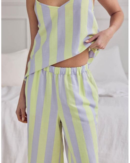 Chelsea Peers Gray Linen Blend Scallop Edge Stripe Long Pyjama Set