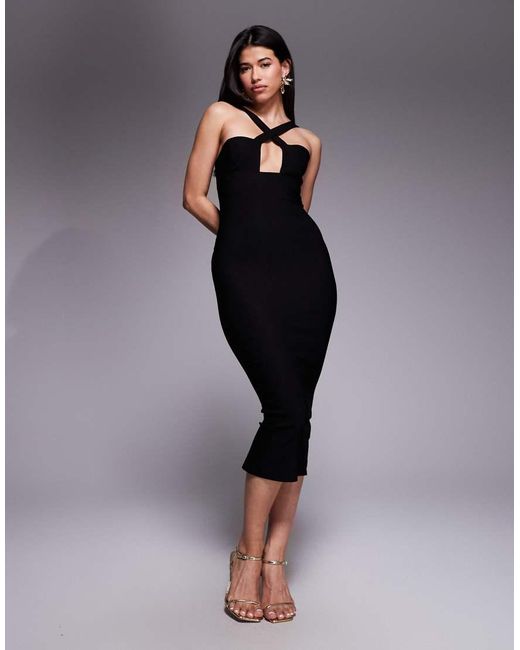 Vesper Blue Cross Strap Bodycon Midaxi Dress With Bust Cut Out