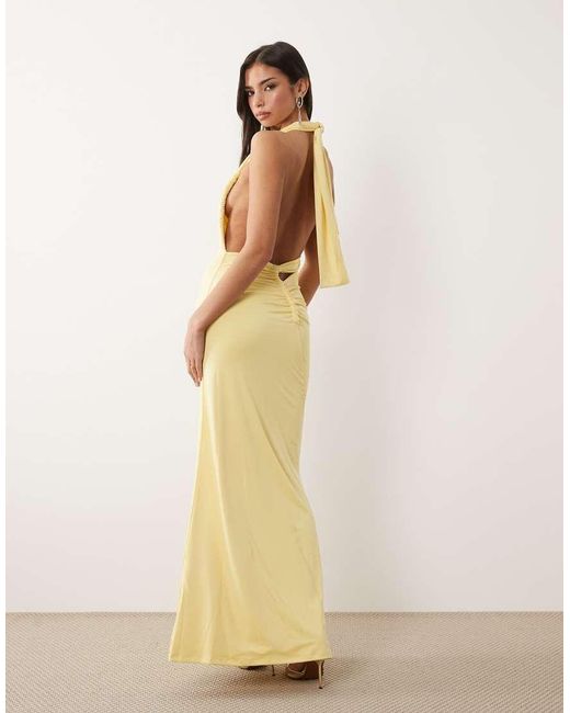 Aria Cove Natural Double Layered Slinky Asymmetric Halterneck Low Twist Back Dress Maxi Dress