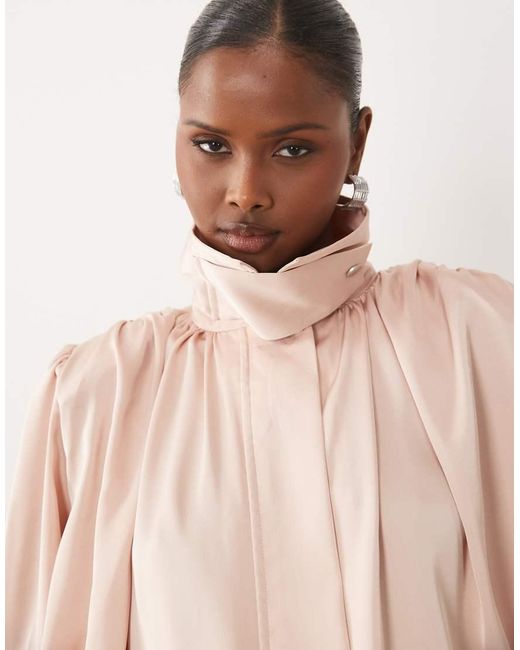 Noughts & Kisses Natural Satin High Neck Extreme Drape Balloon Sleeve Playsuit