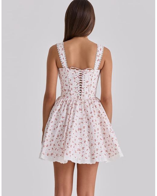 House Of Cb Pink Ami Rose Print Cotton Corset Mini Dress