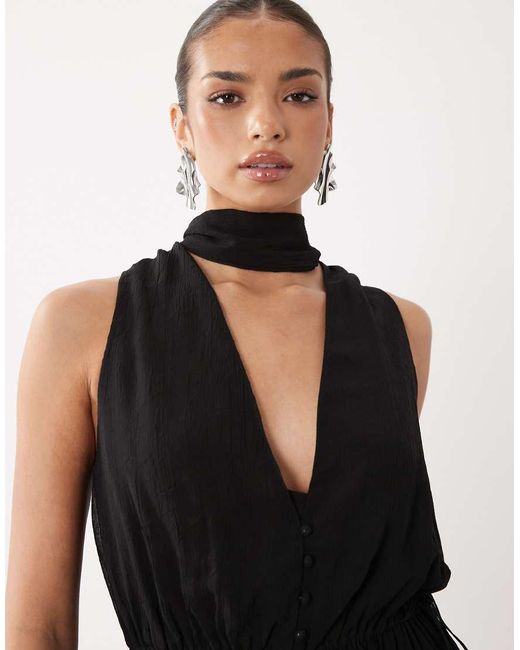 Noughts & Kisses Natural Chiffon Cowl Neck Scarf Detail Cinch Waist Playsuit
