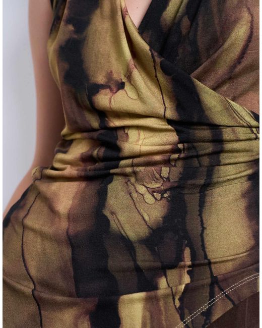TOPSHOP Brown Abstract Print Asymmetric Wrap Detail Top